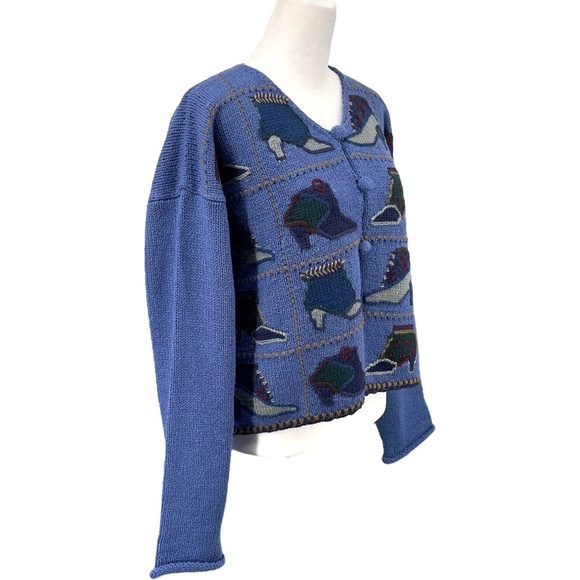 April Cornell Blue Cardigan with Multicolor Shoe Pattern - Picture 3 of 8